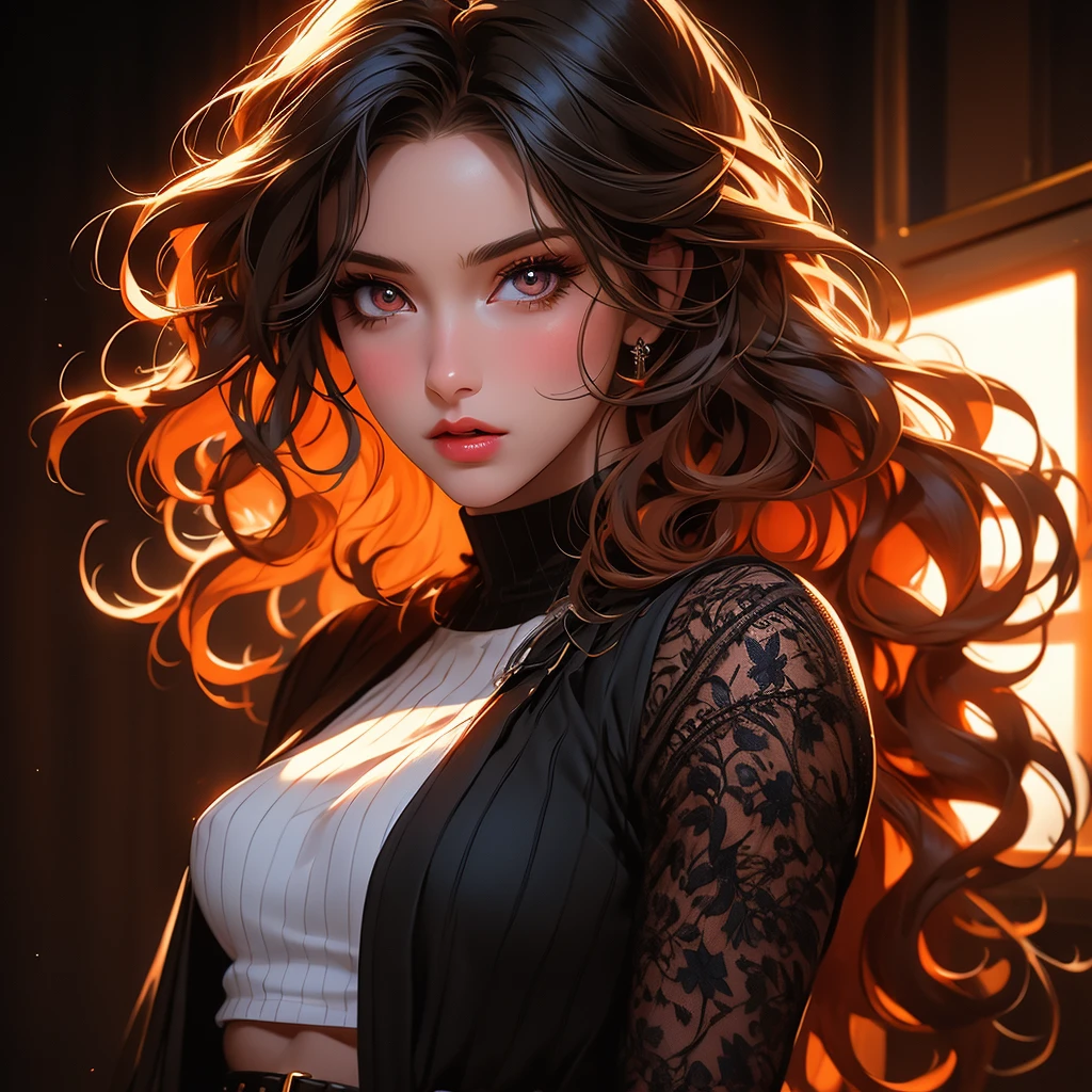 1girl, striped thigh-highs, red and white striped stockings, shorts, black crop top tucked into shorts, belt, long curly hair, beautiful detailed eyes, beautiful detailed lips, extremely detailed face, longeyelashes, medium bust, nipples covered, studio lighting, highly detailed, cinematic lighting, photorealistic, realistic skin texture, dynamic pose, intricate details, warm color palette, glowing skin, hyper detailed, vibrant colors, award winning photography, ethereal, elegant, alluring, portrait