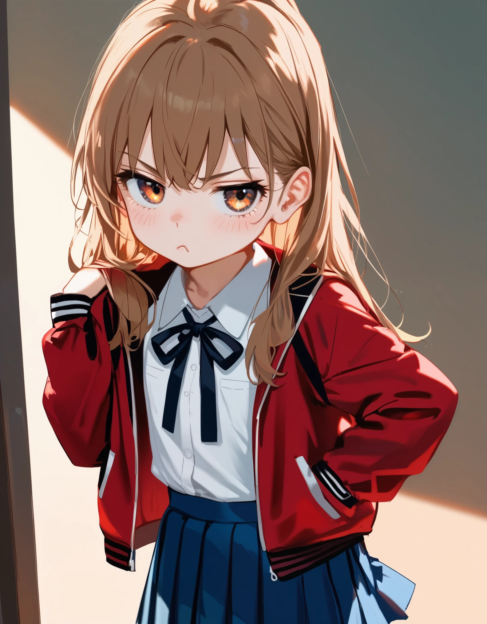 masterpiece, best_quality, 1girl, aisaka_taiga, brown_eyes, brown_hair, long_hair, flat_chest, pleated_skirt, blue_skirt, white_shirt, collared_shirt, black_thighhighs, black_ribbon, neck_ribbon, jacket, red_jacket, pout