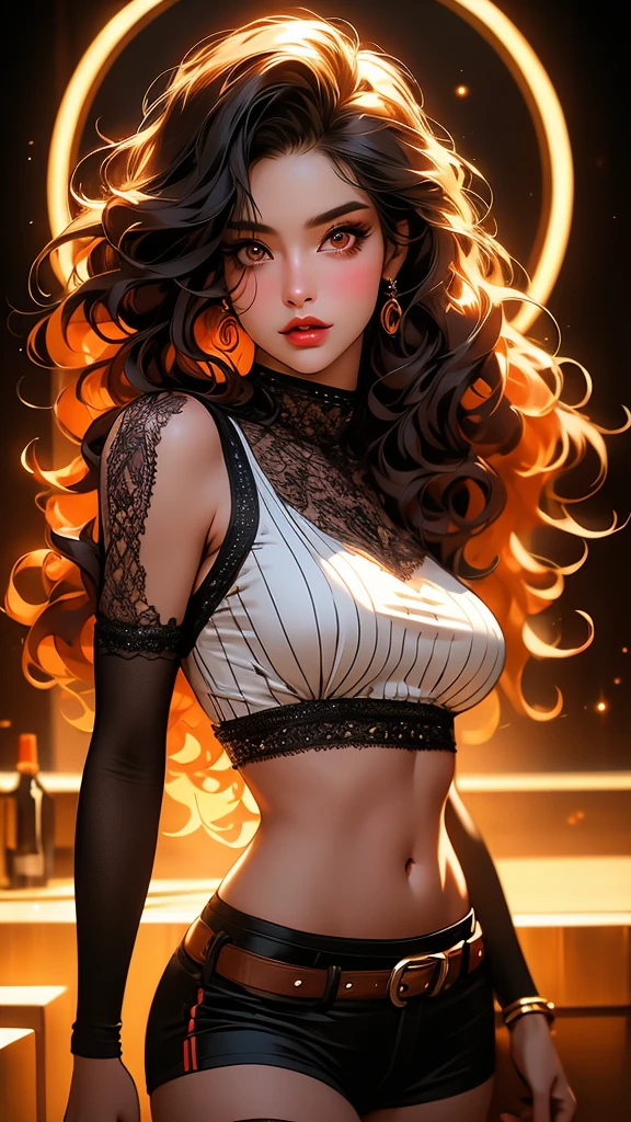 1girl, striped thigh-highs, red and white striped stockings, shorts, black crop top tucked into shorts, belt, long curly hair, beautiful detailed eyes, beautiful detailed lips, extremely detailed face, longeyelashes, medium bust, nipples covered, studio lighting, highly detailed, cinematic lighting, photorealistic, realistic skin texture, dynamic pose, intricate details, warm color palette, glowing skin, hyper detailed, vibrant colors, award winning photography, ethereal, elegant, alluring, portrait