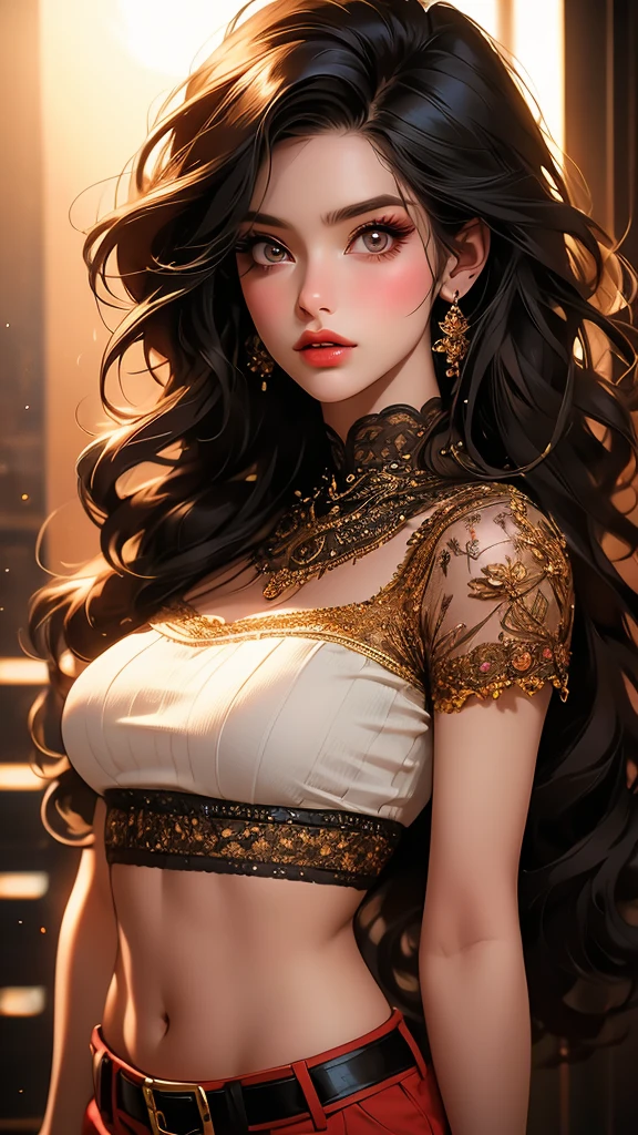 1girl, striped thigh-highs, red and white striped stockings, shorts, black crop top tucked into shorts, belt, long curly hair, beautiful detailed eyes, beautiful detailed lips, extremely detailed face, longeyelashes, medium bust, nipples covered, studio lighting, highly detailed, cinematic lighting, photorealistic, realistic skin texture, dynamic pose, intricate details, warm color palette, glowing skin, hyper detailed, vibrant colors, award winning photography, ethereal, elegant, alluring, portrait