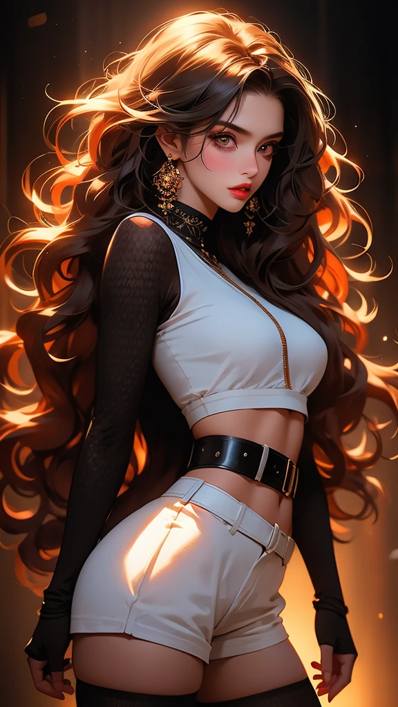 1girl, striped thigh-highs, red and white striped stockings, shorts, black crop top tucked into shorts, belt, long curly hair, beautiful detailed eyes, beautiful detailed lips, extremely detailed face, longeyelashes, medium bust, nipples covered, studio lighting, highly detailed, cinematic lighting, photorealistic, realistic skin texture, dynamic pose, intricate details, warm color palette, glowing skin, hyper detailed, vibrant colors, award winning photography, ethereal, elegant, alluring, portrait