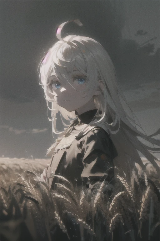 (masterpiece, cinematic composition, cinematic lighting, detailed background, bloom, shine, moody lighting), peasant girl working in the middle of a wheat field, white hair, ahoge, (absurdly long hair:1.2), pale skin, blue eyes, expressionless, looking at viewer, sun, clouds, bokeh, dust particles, tyndal effect
