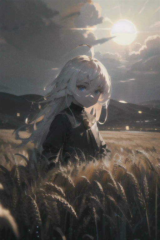 (masterpiece, cinematic composition, cinematic lighting, detailed background, bloom, shine, moody lighting), peasant girl working in the middle of a wheat field, white hair, ahoge, (absurdly long hair:1.2), pale skin, blue eyes, expressionless, looking at viewer, sun, clouds, bokeh, dust particles, tyndal effect
