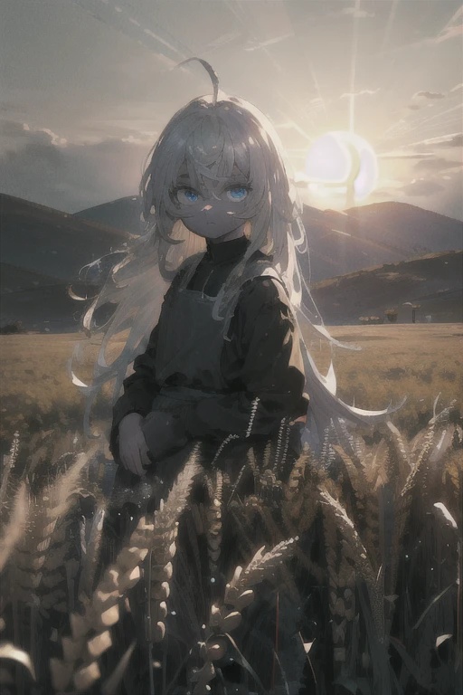 (masterpiece, cinematic composition, cinematic lighting, detailed background, bloom, shine, moody lighting), peasant girl working in the middle of a wheat field, white hair, ahoge, (absurdly long hair:1.2), pale skin, blue eyes, expressionless, looking at viewer, sun, clouds, bokeh, dust particles, tyndal effect
