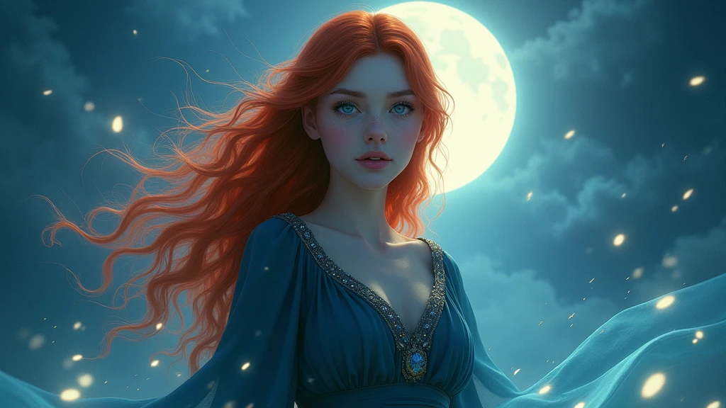 A young woman with flaming red hair and bright blue eyes, in a powerful pose, while the full moon shines above her, enveloped in a magical aura that seems to emanate from her very being.