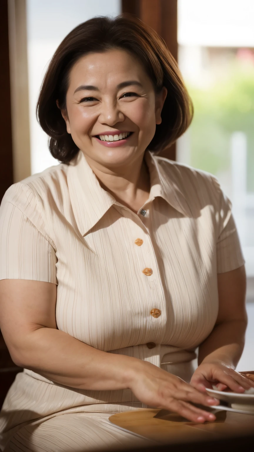 8k wallpaper, masterpiece, Highest quality, Very detailed, One Mature Woman, 50 years old, Become very clear, Wearing a spring-like shirt, Skin dents, Captivating smile, Looking at the audience, , Plump, Curvaceous, Attractive face, Smiling with teeth showing, I was happy, sitting in a cafe, Background Blur