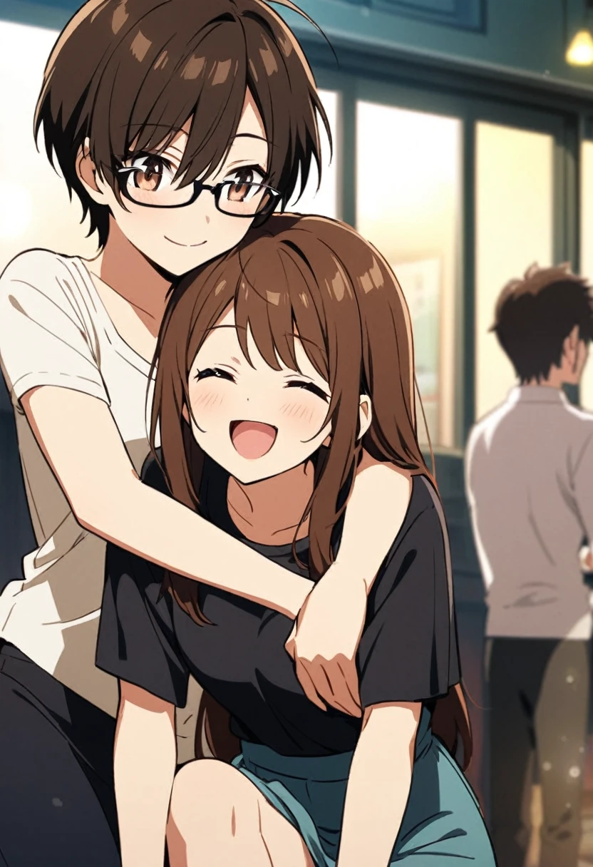 anime, two people, one beautiful female with long brown hair and no glasses, the other person is a male with short dark brown hair and black rimmed glasses, they are boyfriend and girlfriend, both smiling