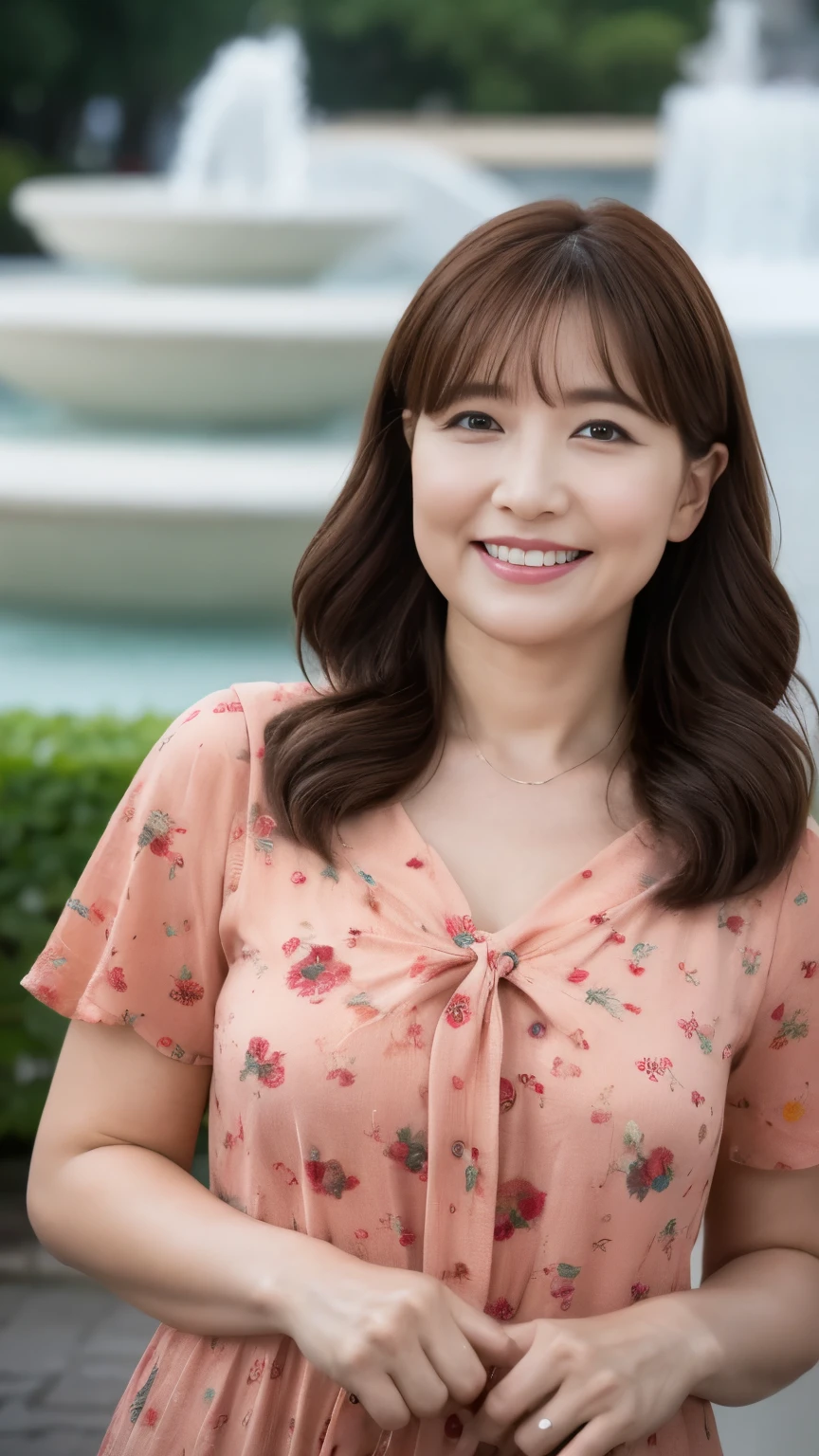 最high quality, In 8K, whole body, Real, Upper Body, high quality, High resolution, Detailed face, Detailed eyes, Thick lips, (Look at the viewers), alone, Middle-aged women, , 60 years old, , Wavy Hair, , Wearing short sleeves, Standing in front of a fountain, Wrinkles around the eyes, Smiling with teeth showing, Background Blur