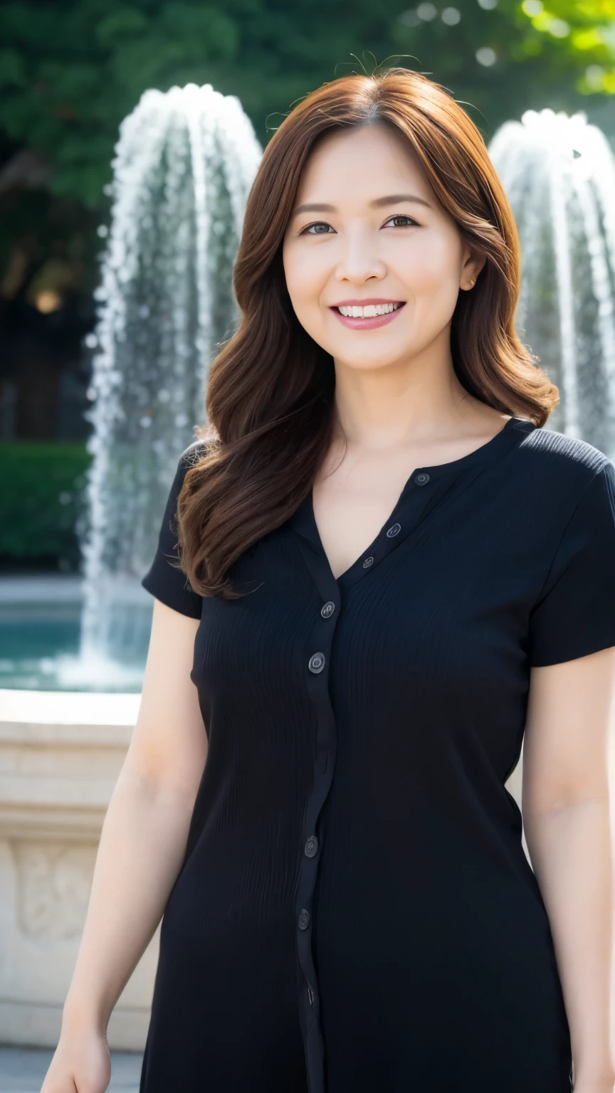 最high quality, In 8K, whole body, Real, Upper Body, high quality, High resolution, Detailed face, Detailed eyes, Thick lips, (Look at the viewers), alone, Middle-aged women, , 60 years old, , Wavy Hair, , Wearing short sleeves, Standing in front of a fountain, Wrinkles around the eyes, Smiling with teeth showing, Background Blur