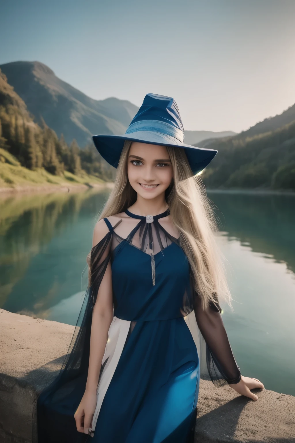 dark magician girl, masterpiece, best quality, (1girl), solo, (water), long hair, blonde hair, blue headwear, wizard hat, spell casting, castle, castle:2, motion blur, book, magic, (moonlight:1.2), chromatic aberration, depth of field, soft lighting, highly detailed face, highly detailed eyes,
