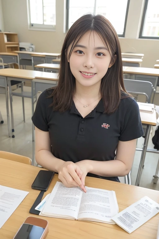 8K picture quality,masterpiece,best quality,A good-looking student,Wear only black underwear,Smile,In class,school classroom、Sitting at the table、Clothes decomposition