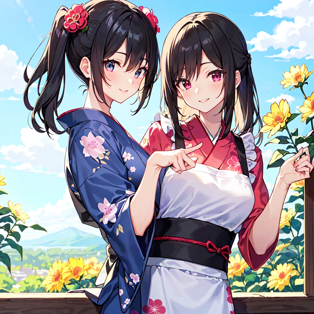 masterpiece, best quality, high quality, extremely detailed, very delicate and beautiful, (1 female 18 years old solo:1.5), (long black hair up to waist with two side up:1.5), bangs to eyebrows, eyes (eyes: 1.3), (eyes: magenta: 1.3), 6.5 head height, (apron in yukata summer flower print fashion: 1.3), knee socks, lace, frills, (smiling), (welcome pose: 1.3), (standing), (dynamic pose), (background Japanese style coffee shop: 1.3 ), (blue sky:1.3), (upper body:1.3)