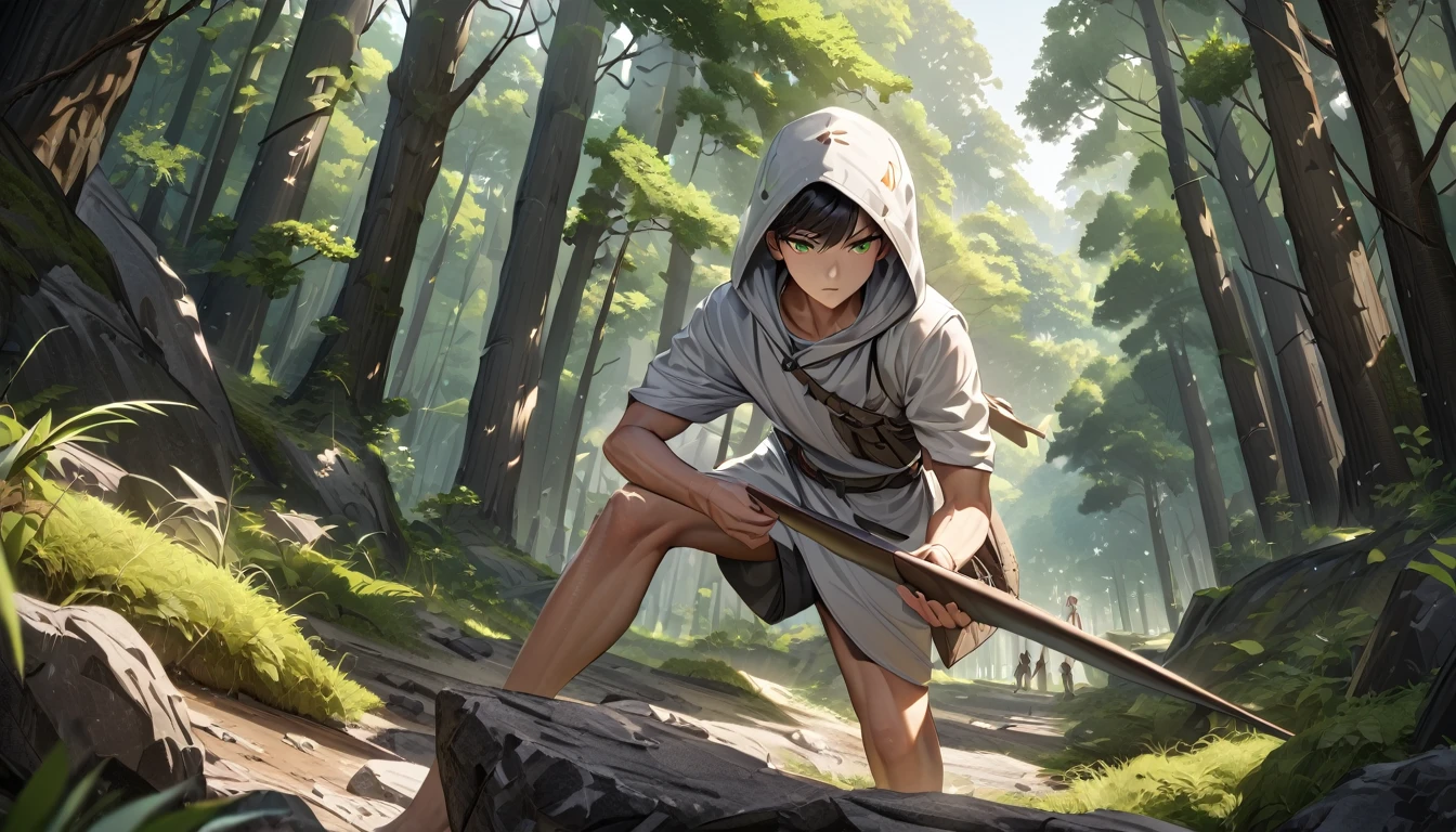 Ultra detailed, ultra hd, 8k, best quality, masterpiece, super realistic, beautiful view, forest, day, boy, ager, white hood, adventurer cloth, green eye, skinny body, scouting, holding catapult and rock, intense situation, serious face, super epic Environment