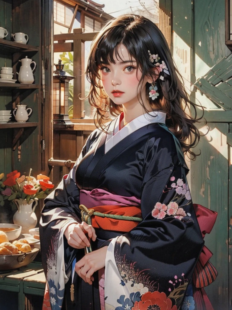 (highest quality、8k、32k、masterpiece)、(masterpiece, up to date,Exceptional:1.2), Anime, One girl,Front hair,black_hair, Beautiful 8k eyes,Looking_in_Audience,One person in,Are standing,((Very beautiful woman, Fuller lips, Japanese pintern kimono))、((Colorful Japanese kimono)))、(((Medium Shot)))、Blunt bung、(High resolution)、Very beautiful face and eyes、1 girl 、Round and small face、Narrow waist、delicine body、(highest quality high detail Rich skin details)、(highest quality、8k、Oil paints:1.2)、Very detailed、(Realistic、Realistic:1.37)、Bright colors、(((blackhair)))、(((longhair)))、(((cowboy pictures)))、((( Inside an old Japanese house)))、(masterpiece, highest quality, highest quality, Official Art, beautifully、aesthetic:1.2), (One girl), Very detailedな,(Fractal Art:1.3),colorful,Most detailed,Sengoku period(High resolution)、Very beautiful face and eyes、1 girl 、Round and small face、Tight waist、Delicine body、(highest quality high detail Rich skin details)、(highest quality、8k、Oil paints:1.2)、(Realistic、Realistic:1.37)、Greg Rutkowski Written by Alphonse Mucha Ropp, sun lips