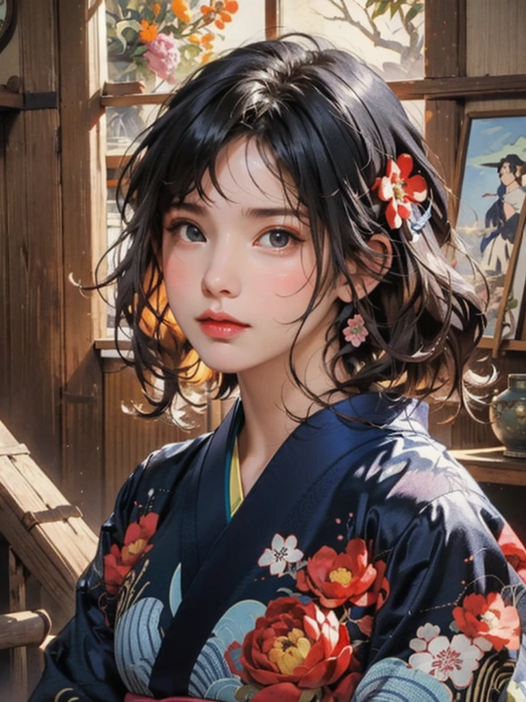 (highest quality、8k、32k、masterpiece)、(masterpiece, up to date,Exceptional:1.2), Anime, One girl,Front hair,black_hair, Beautiful 8k eyes,Looking_in_Audience,One person in,Are standing,((Very beautiful woman, Fuller lips, Japanese pintern kimono))、((Colorful Japanese kimono)))、(((Medium Shot)))、Blunt bung、(High resolution)、Very beautiful face and eyes、1 girl 、Round and small face、Narrow waist、delicine body、(highest quality high detail Rich skin details)、(highest quality、8k、Oil paints:1.2)、Very detailed、(Realistic、Realistic:1.37)、Bright colors、(((blackhair)))、(((longhair)))、(((cowboy pictures)))、((( Inside an old Japanese house)))、(masterpiece, highest quality, highest quality, Official Art, beautifully、aesthetic:1.2), (One girl), Very detailedな,(Fractal Art:1.3),colorful,Most detailed,Sengoku period(High resolution)、Very beautiful face and eyes、1 girl 、Round and small face、Tight waist、Delicine body、(highest quality high detail Rich skin details)、(highest quality、8k、Oil paints:1.2)、(Realistic、Realistic:1.37)、Greg Rutkowski Written by Alphonse Mucha Ropp, sun lips