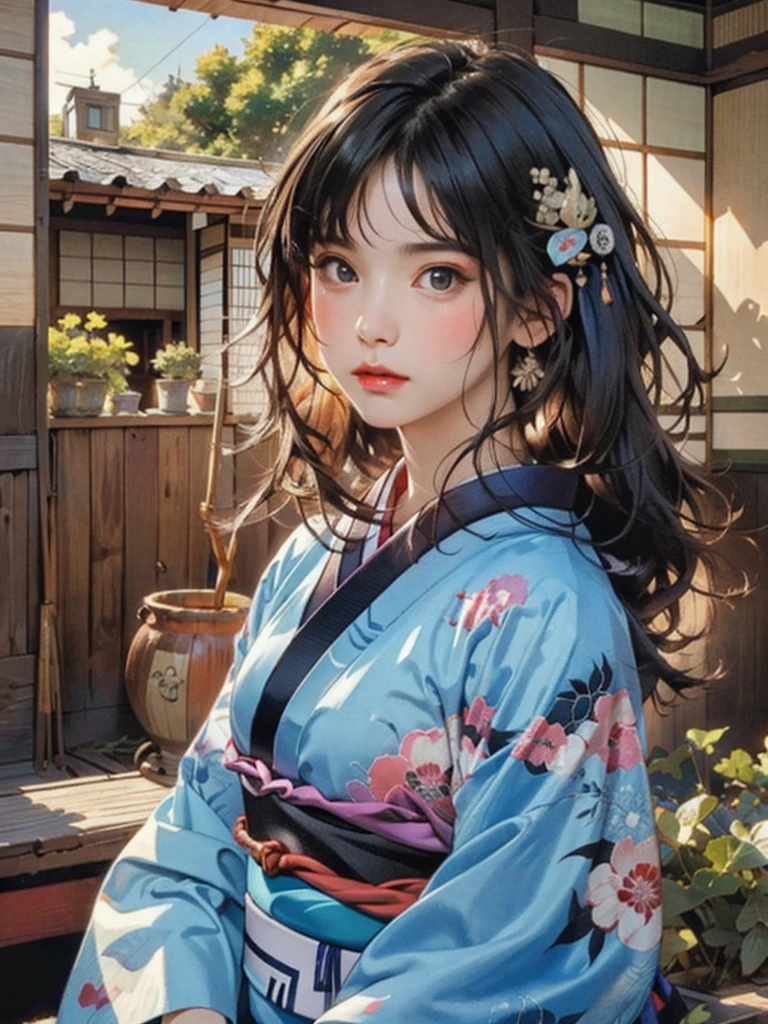 (highest quality、8k、32k、masterpiece)、(masterpiece, up to date,Exceptional:1.2), Anime, One girl,Front hair,black_hair, Beautiful 8k eyes,Looking_in_Audience,One person in,Are standing,((Very beautiful woman, Fuller lips, Japanese pintern kimono))、((Colorful Japanese kimono)))、(((Medium Shot)))、Blunt bung、(High resolution)、Very beautiful face and eyes、1 girl 、Round and small face、Narrow waist、delicine body、(highest quality high detail Rich skin details)、(highest quality、8k、Oil paints:1.2)、Very detailed、(Realistic、Realistic:1.37)、Bright colors、(((blackhair)))、(((longhair)))、(((cowboy pictures)))、((( Inside an old Japanese house)))、(masterpiece, highest quality, highest quality, Official Art, beautifully、aesthetic:1.2), (One girl), Very detailedな,(Fractal Art:1.3),colorful,Most detailed,Sengoku period(High resolution)、Very beautiful face and eyes、1 girl 、Round and small face、Tight waist、Delicine body、(highest quality high detail Rich skin details)、(highest quality、8k、Oil paints:1.2)、(Realistic、Realistic:1.37)、Greg Rutkowski Written by Alphonse Mucha Ropp, sun lips
