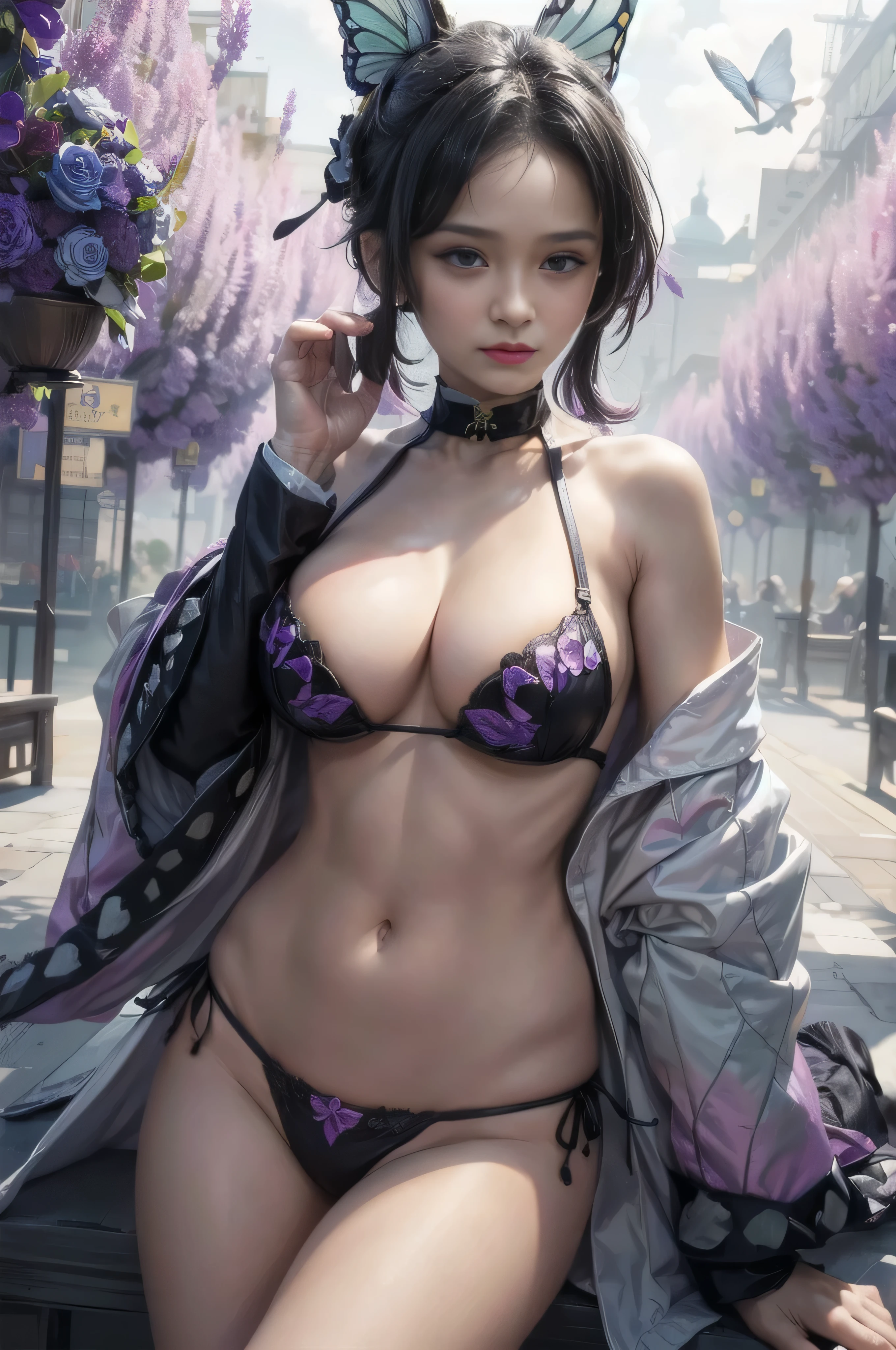Ultra-realistic 8kCG,tmasterpiece,((hyper detailed background,delicate patterns,intricate-detail)),best qualtiy,extremely detailed man,extremely detailed eye and face,extremely detailed eye,kochou shinobu,O cabelo multicolorido,No bangs,Hair intake,Black eye,Cap,Black shirt,Black panties,(The bikini),butterflys,Strip Strip,(Trepical Garden:1.2),purple flower,Mostly cloudy sky,rays of sunshine,Tyndall effect,gradient_Heaven,faceeautiful sky,Saber on the waist,enchanting posture,(large full breasts:1.3),(cleaveage:1.3),(Off-the-shoulder costumes:1.5),ssmile, Appearance from behind, butt sticks out