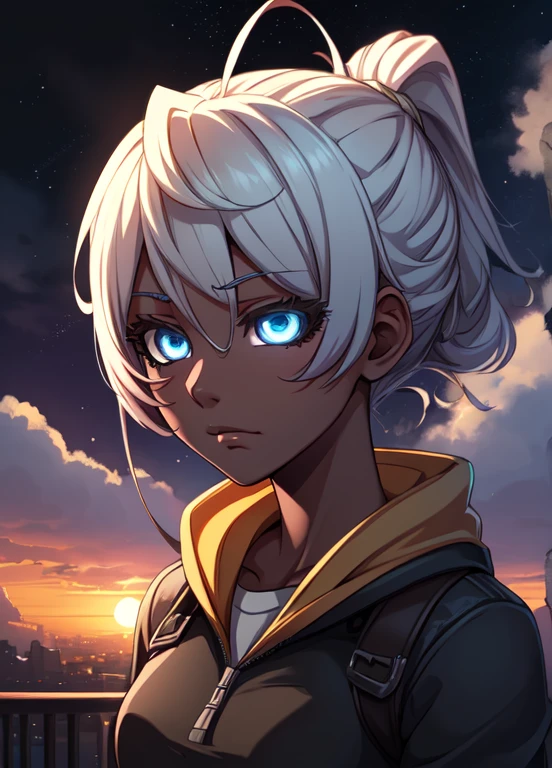 1 girl, (dark skin:1.2), shy, cute, cold expression, (8k, RAW photo, best quality, masterpiece:1.2) ultra-detailed, Super detailed, vivid colors, anime, unreal engine 5, studio lighting, portrait, full white eyes, blank eyes, Night clouds background, Aesthetic, romantic, Luna