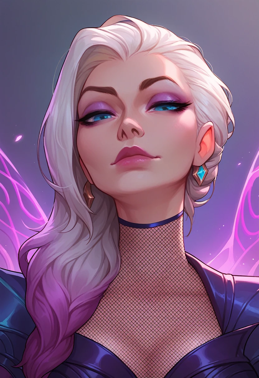 score_9, score_8_up, score_7_up, 1girl, Kai'sa from League of Legends, eyes half closed, fishnets bodysuit, high heel boots, presenting , close up, salon background,  