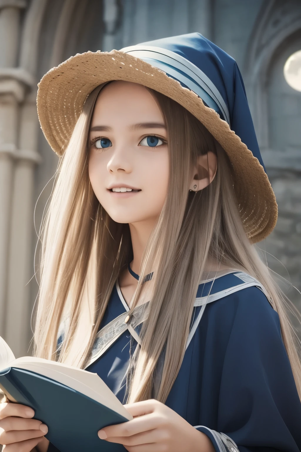 dark magician girl, masterpiece, best quality, (1girl), solo, (water), long hair, blonde hair, blue headwear, wizard hat, spell casting, castle, castle:2, motion blur, book, magic, (moonlight:1.2), chromatic aberration, depth of field, soft lighting, highly detailed face, highly detailed eyes,