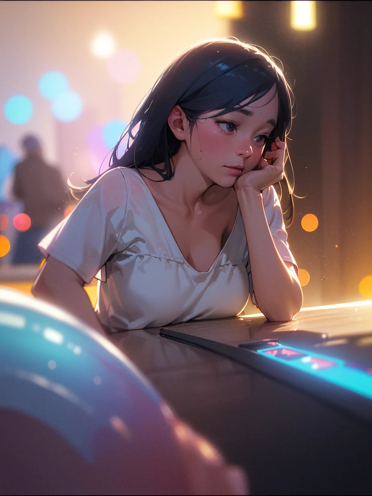 (Sumilux f1.4 50mm , low Latitude old color negative film , cross process , bokeh, flare, chromatic aberration , soft focus, (Shallow focus) , soft glow , Maximum aperture, high Key , Transparent depiction) , artistic photo , looking away , A bar with blues music, men and women, adult time