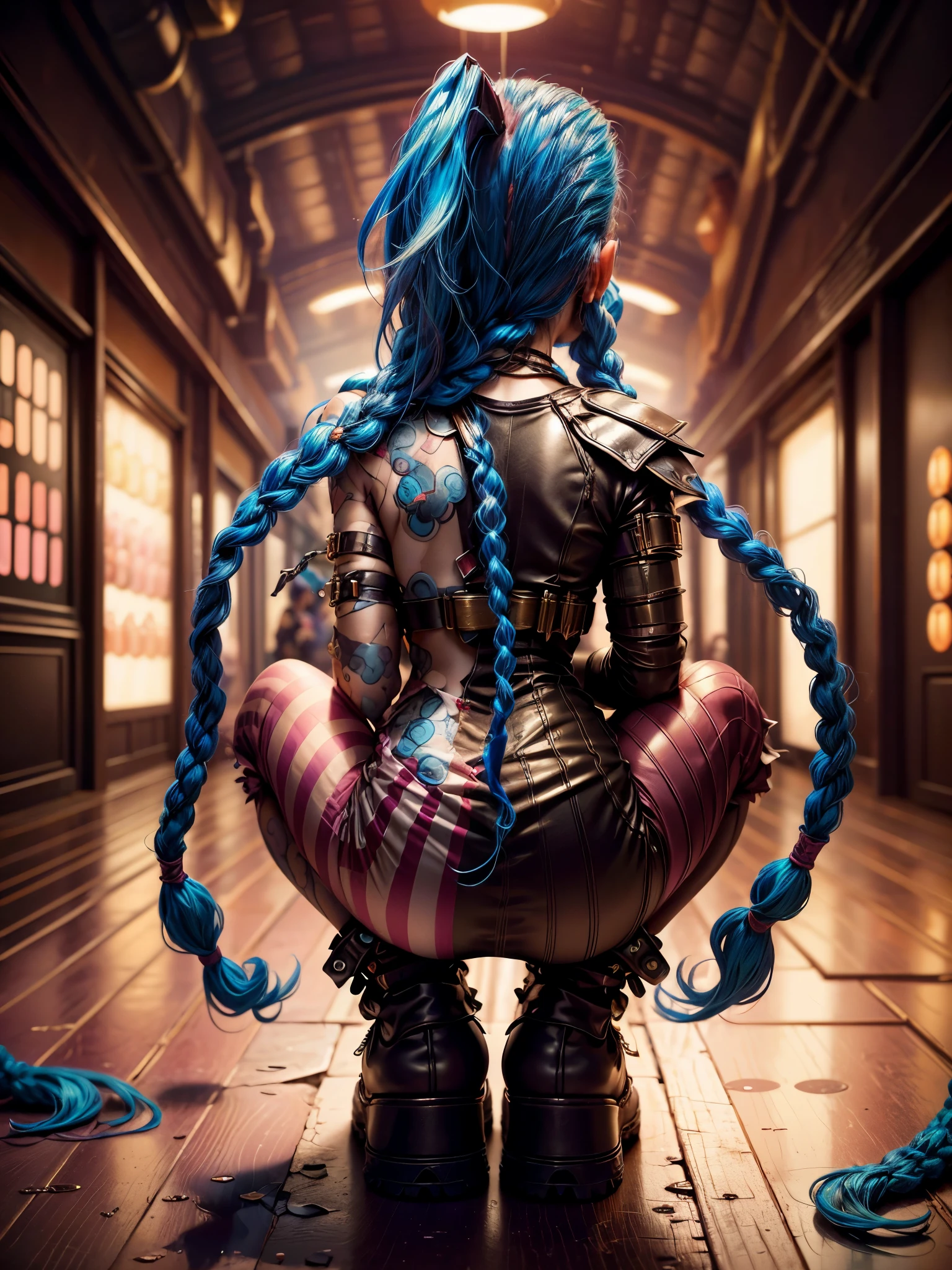 ((Jinx wears a Harajuku Tech costume), Cowboy-shot, wind, tousled hair, (Aesthetics and atmosphere:1.2),smiling, Laugh, from the back, crouching