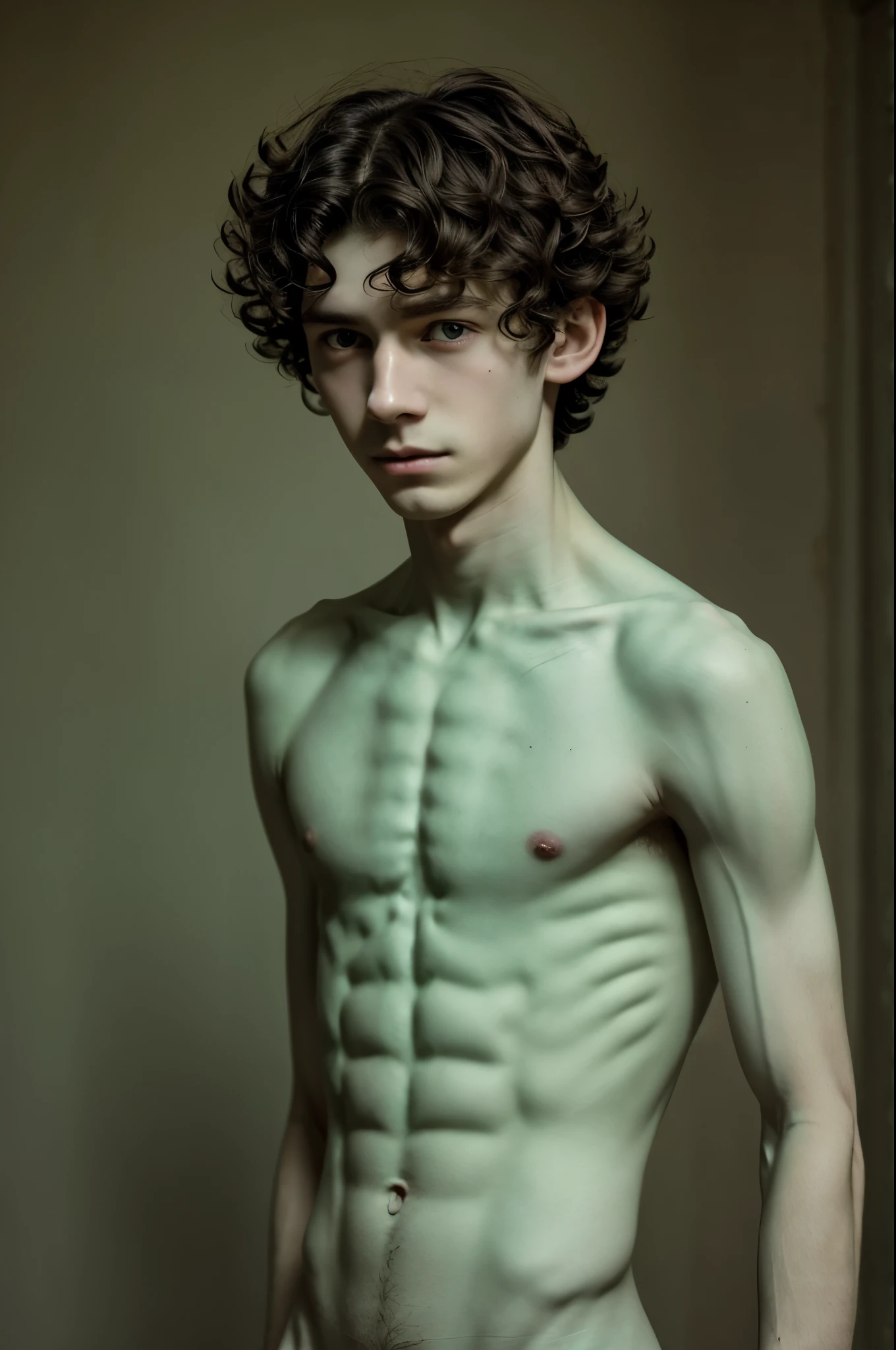 Make me a character in an anthropomorphism style, He is a pale skinned boy., medium long curly dark hair, the boy is malnourished and totally naked. the boy has skin wounds, the background is a pale green color, almost dark, he is around 18 years old. with dark colors