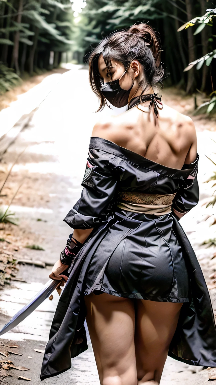 (was:1.3、((A female ninja standing in a fighting position with a weapon in the forest:1.5)、With background)、(Female ninja with a sword:1.5))、(Realistic、Like a photograph、Live Action、8k, Realistic, RAW Photos, Best image quality: 1.4), Single-lens reflex camera、RAW Photos, Highest quality, Realistic, Highly detailed CG Unity 8k wallpaper, Written boundary depth, Cinematic Light, Lens flare, Ray Tracing, Realistic background、(kunoichi:1.4、White floral kimono::1.2、p-line)、Grey Hair、short hair、Short Ponytail、((Ultra-Dense Skin))、 1 girl,Cute Kunoichi、(whole body:1.5)、I like that style、Pay attention to the details、Perfect outfit、(White skin)、Accurate Arm、Accurate feet、Beautiful legs、Precise thighs、Anatomically correct body、View from behind