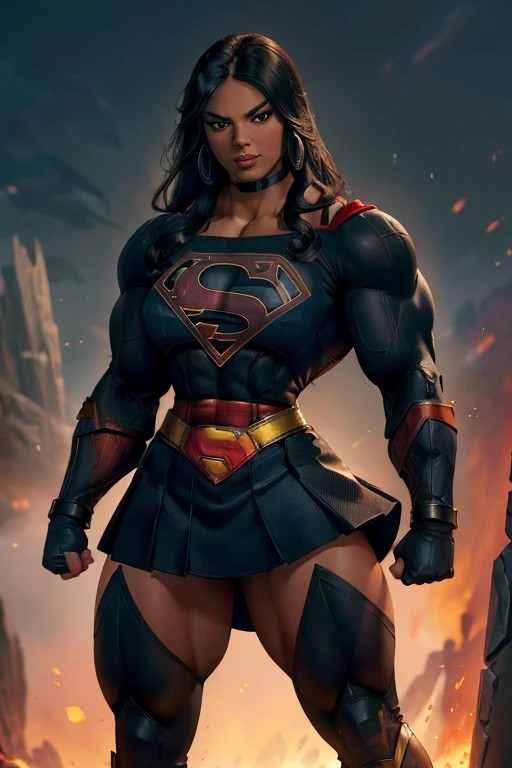 (((Close-up))), tall, (black hair) beautiful muscular woman, long straight hair, brown skinned, closed smile, large breast, (black lipstick), (massive muscles), (hyper muscle), ((ginormous bulky muscles)), orange eyes, (((black supergirl suit))), (black supergirl skirt), gauntlets, choker, boots, (in fortress of solitude)