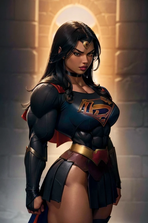 (((Close-up))), tall, (black hair) beautiful muscular woman, long straight hair, brown skinned, closed smile, large breast, (black lipstick), (massive muscles), (hyper muscle), ((ginormous bulky muscles)), orange eyes, (((black supergirl suit))), (black supergirl skirt), gauntlets, choker, boots, (in fortress of solitude)