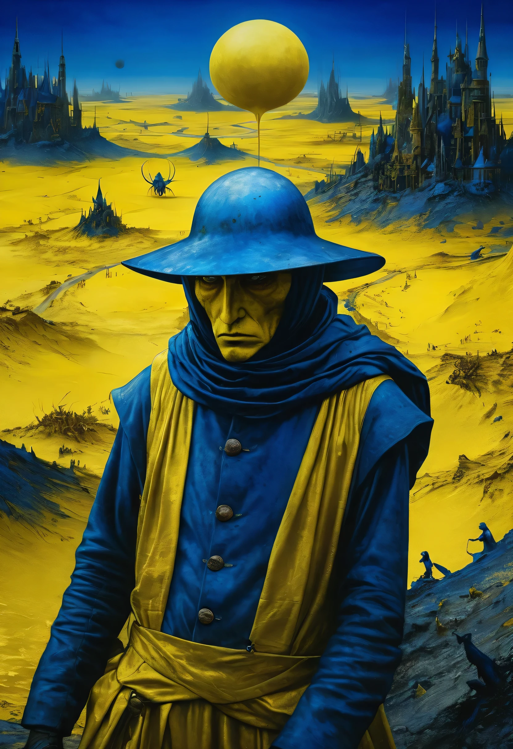 Crazy dream on wastelands beyond fantasy, exploiting a new world coming into his eyes, metallic golden yellow, horror movie scene, realms, dark blue and light yellow, blue and yellow, royal blue and golden yellow, 4D, 8K, photorealistic, dreamlike, fantastic creatures on big and complex composition storytelling, masterpiece, artwork by Hieronymous Bosch, artwork by Jeremy Mann, artwork by Beksinski, artwork by Bernie Wrightson, artwork by René Magrite, Surrealism, Impressionism