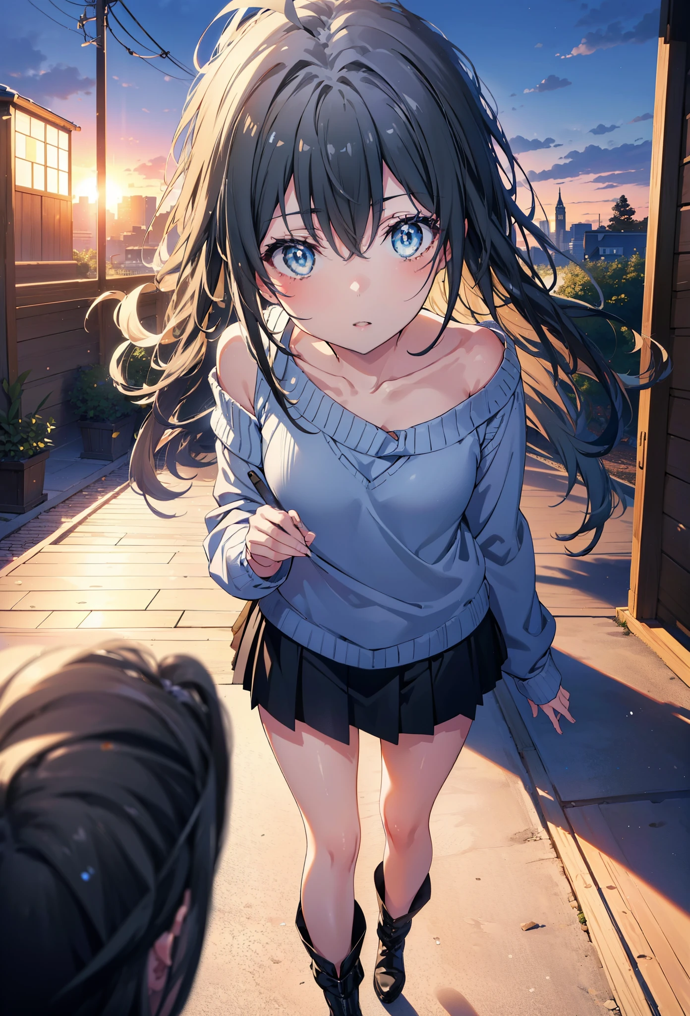Yukino, yukino yukinoshita, Black Hair, blue eyes,smile, Long Hair, Ahoge,One-shoulder sweater,mini skirt,Black tights,short boots,whole bodyがイラストに入るように,morning,morning陽,The sun is rising,Walking,
break looking at viewer,whole body,
break outdoors, Building district,
break (masterpiece:1.2), Highest quality, High resolution, unity 8k wallpaper, (shape:0.8), (Beautiful and beautiful eyes:1.6), Highly detailed face, Perfect lighting, Highly detailed CG, (Perfect hands, Perfect Anatomy),