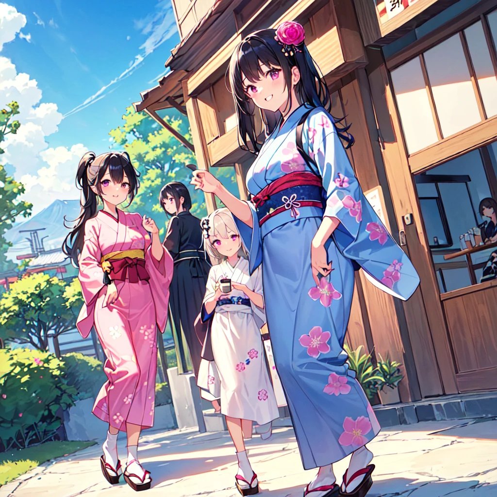 masterpiece, best quality, high quality, extremely detailed, very delicate and beautiful, (3female 18 years old Three:1.5), (long black hair up to waist with two side up:1.5), bangs to eyebrows, eyes (eyes: 1.3), (eyes: magenta: 1.3), 6.5 head height, (apron in yukata summer flower print fashion: 1.3), knee socks, lace, frills, (smiling), (welcome pose: 1.3), (standing), (dynamic pose), (background Japanese style coffee shop: 1.3 ), (blue sky:1.3)