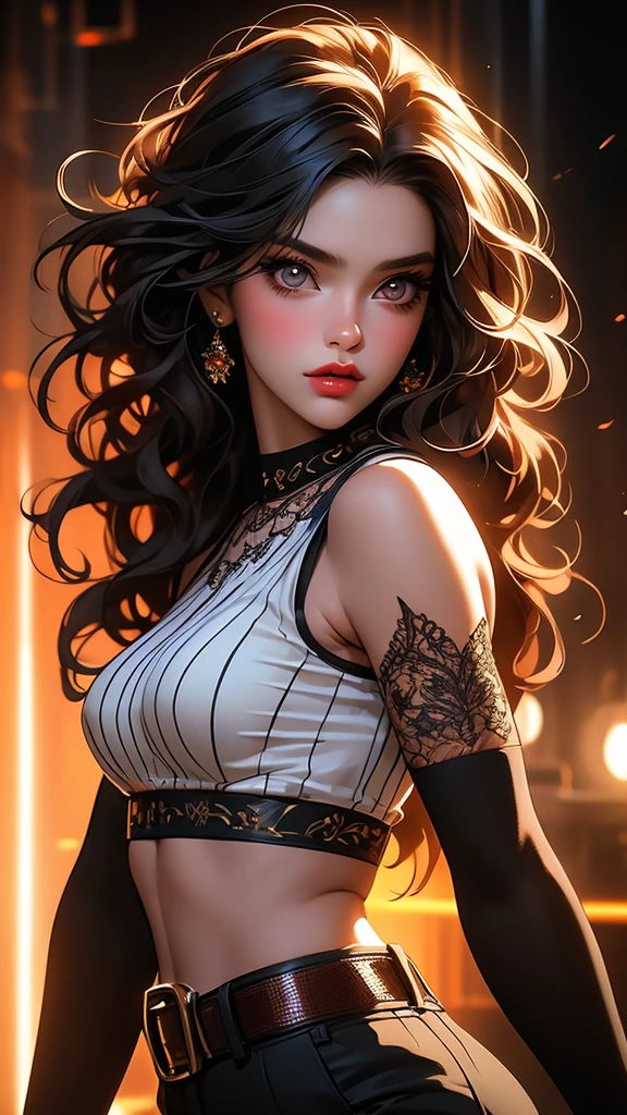 1girl, striped thigh-highs, red and white striped stockings, shorts, black crop top tucked into shorts, belt, long curly hair, beautiful detailed eyes, beautiful detailed lips, extremely detailed face, longeyelashes, medium bust, nipples covered, studio lighting, highly detailed, cinematic lighting, photorealistic, realistic skin texture, dynamic pose, intricate details, warm color palette, glowing skin, hyper detailed, vibrant colors, award winning photography, ethereal, elegant, alluring, portrait