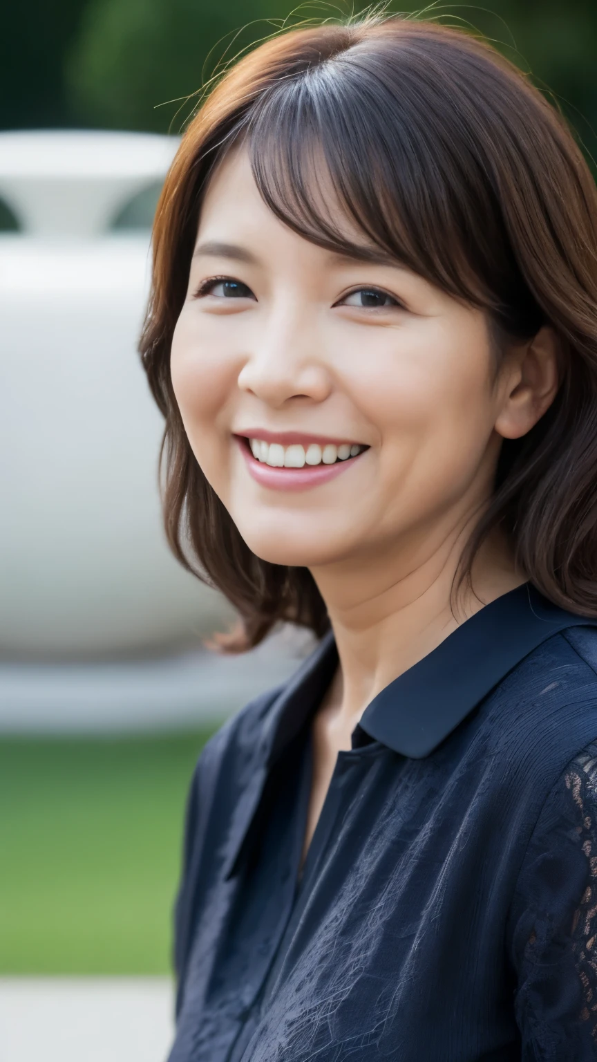 最high quality, In 8K, whole body, Real, Upper Body, high quality, High resolution, Detailed face, Detailed eyes, Thick lips, (Look at the viewers), alone, Middle-aged women, , 60 years old, , Wavy Hair, , Wearing short sleeves, Standing in front of a fountain, Wrinkles around the eyes, Smiling with teeth showing, Background Blur