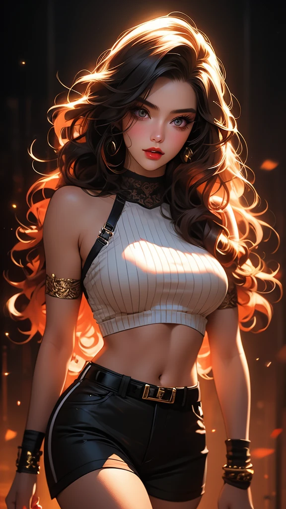1girl, striped thigh-highs, red and white striped stockings, shorts, black crop top tucked into shorts, belt, long curly hair, beautiful detailed eyes, beautiful detailed lips, extremely detailed face, longeyelashes, medium bust, nipples covered, studio lighting, highly detailed, cinematic lighting, photorealistic, realistic skin texture, dynamic pose, intricate details, warm color palette, glowing skin, hyper detailed, vibrant colors, award winning photography, ethereal, elegant, alluring, portrait