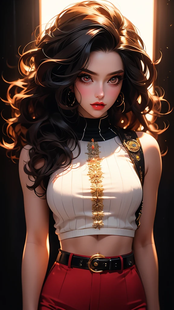 1girl, striped thigh-highs, red and white striped stockings, shorts, black crop top tucked into shorts, belt, long curly hair, beautiful detailed eyes, beautiful detailed lips, extremely detailed face, longeyelashes, medium bust, nipples covered, studio lighting, highly detailed, cinematic lighting, photorealistic, realistic skin texture, dynamic pose, intricate details, warm color palette, glowing skin, hyper detailed, vibrant colors, award winning photography, ethereal, elegant, alluring, portrait