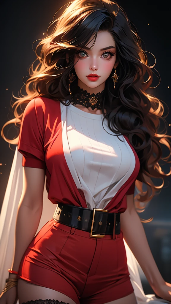1girl, striped thigh-highs, red and white striped stockings, shorts, black crop top tucked into shorts, belt, long curly hair, beautiful detailed eyes, beautiful detailed lips, extremely detailed face, longeyelashes, medium bust, nipples covered, studio lighting, highly detailed, cinematic lighting, photorealistic, realistic skin texture, dynamic pose, intricate details, warm color palette, glowing skin, hyper detailed, vibrant colors, award winning photography, ethereal, elegant, alluring, portrait