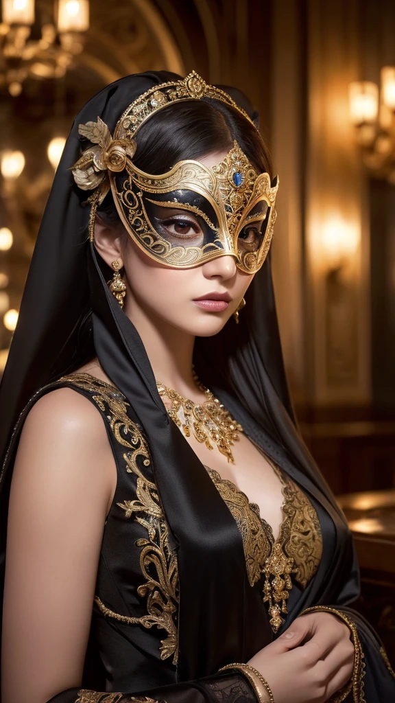 (26 year old Persian woman in a masquerade ,elegant venetian mask,intricate costume,beautiful detailed eyes,beautiful detailed lips,extremely detailed face,highly detailed mask,moody bar interior,chiaroscuro lighting,dramatic shadows,cinematic,4k,8k,highres,masterpiece:1.2,ultra-detailed,realistic,photorealistic:1.37,rich colors,refined color palette,captivating.)