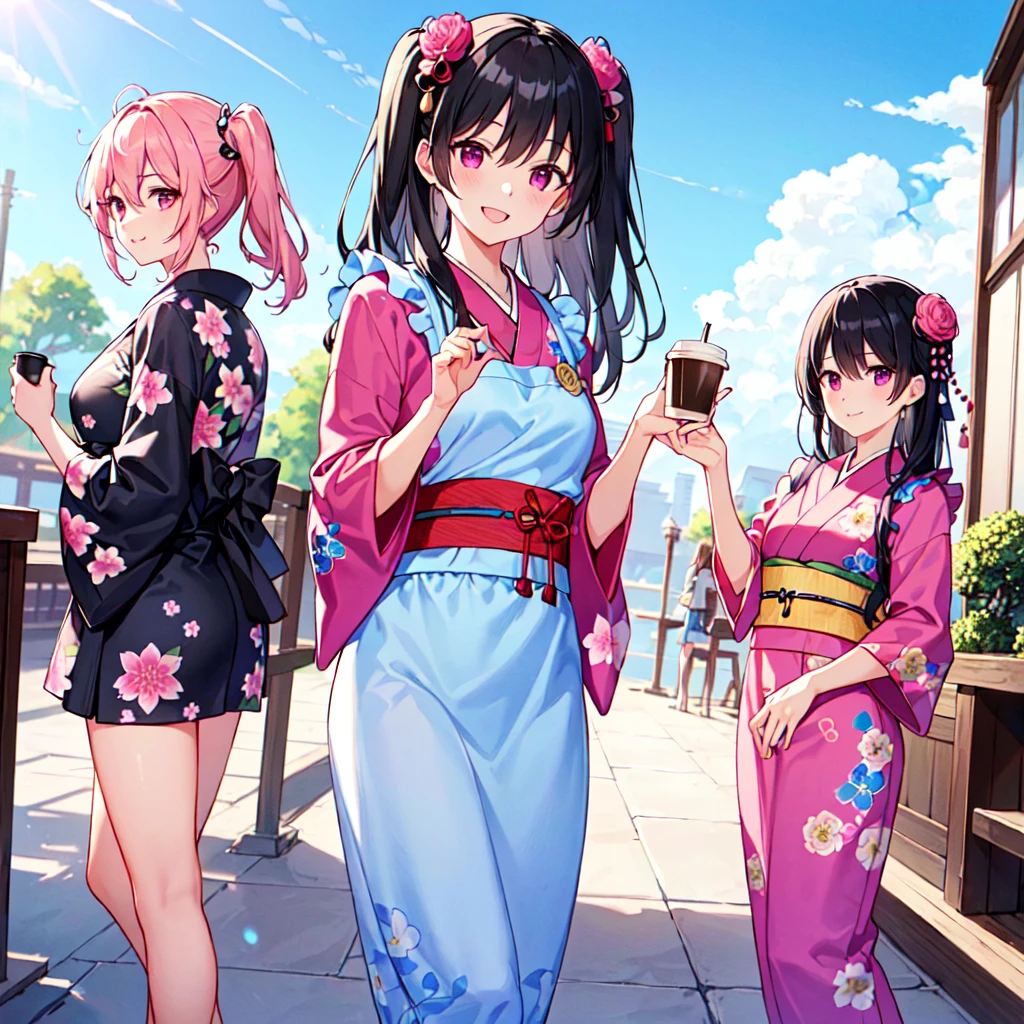 masterpiece, best quality, high quality, extremely detailed, very delicate and beautiful, (3female 18 years old Three:1.5), (long black hair up to waist with two side up:1.5), bangs to eyebrows, eyes (eyes: 1.3), (eyes: magenta: 1.3), 6.5 head height, (apron in yukata summer flower print fashion: 1.3), knee socks, lace, frills, (smiling), (welcome pose: 1.3), (standing), (dynamic pose), (background Japanese style coffee shop: 1.3 ), (blue sky:1.3)