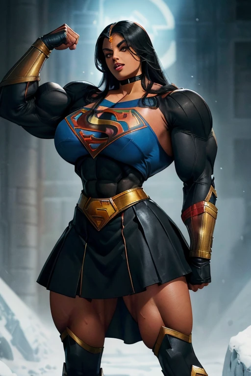 (((Close-up))), tall, (black hair) beautiful muscular woman, long straight hair, light brown skinned, closed smile, large breast, (black lipstick), (massive muscles), (hyper muscle), ((ginormous bulky muscles)), orange eyes, (((black supergirl suit))), (black supergirl skirt), gauntlets, choker, boots, (in fortress of solitude)