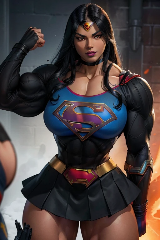 (((Close-up))), tall, (black hair) beautiful muscular woman, long straight hair, light brown skinned, closed smile, large breast, (black lipstick), (massive muscles), (hyper muscle), ((ginormous bulky muscles)), orange eyes, (((black supergirl suit))), (black supergirl skirt), gauntlets, choker, boots, (in fortress of solitude)
