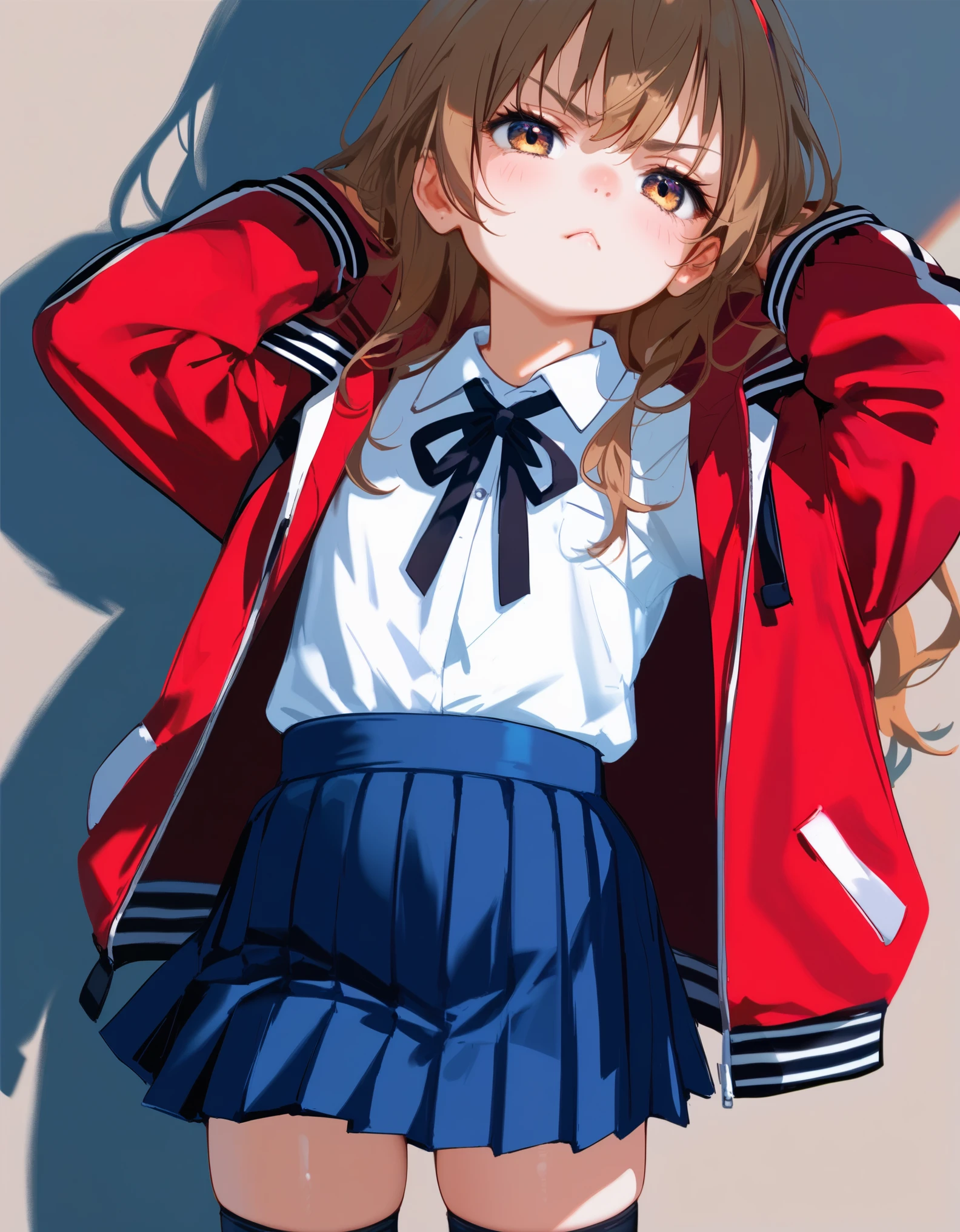 masterpiece, best_quality, 1girl, aisaka_taiga, brown_eyes, brown_hair, long_hair, flat_chest, pleated_skirt, blue_skirt, white_shirt, collared_shirt, black_thighhighs, black_ribbon, neck_ribbon, jacket, red_jacket, pout