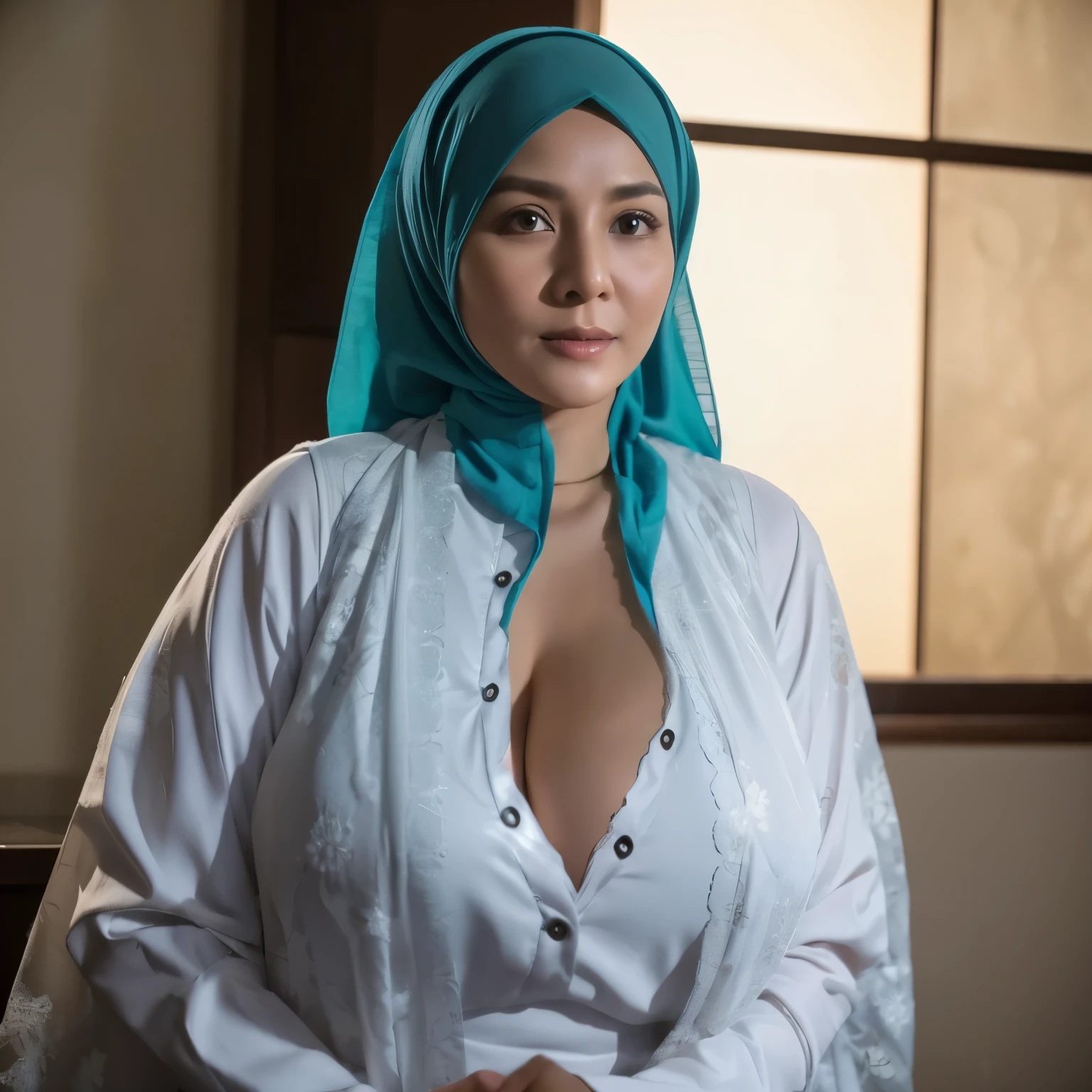 50 years Old, Hijab Indonesian mature woman, Big Tits : 66.9, Gamis, Breast out from her clothes : 1.9, at doctor office, Dark light, at Nighttime
