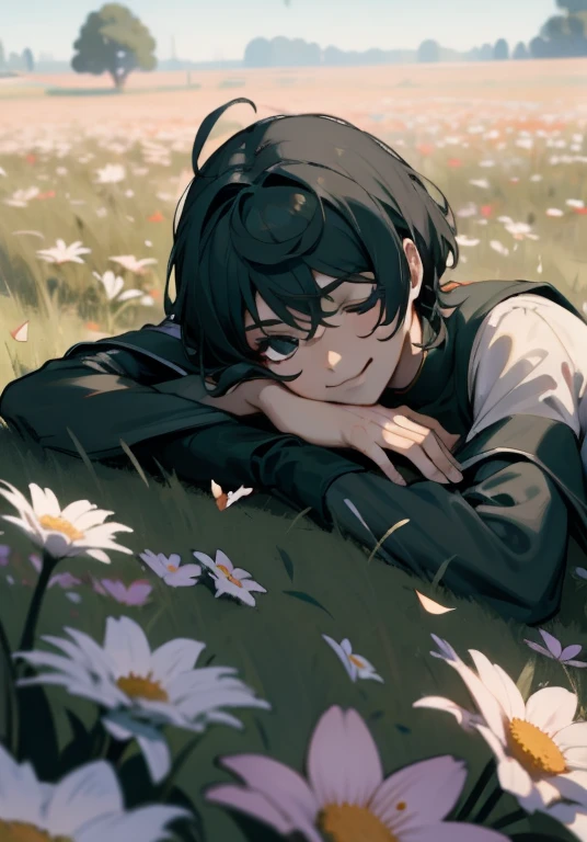 1man, lying on a field with flowers, smiling