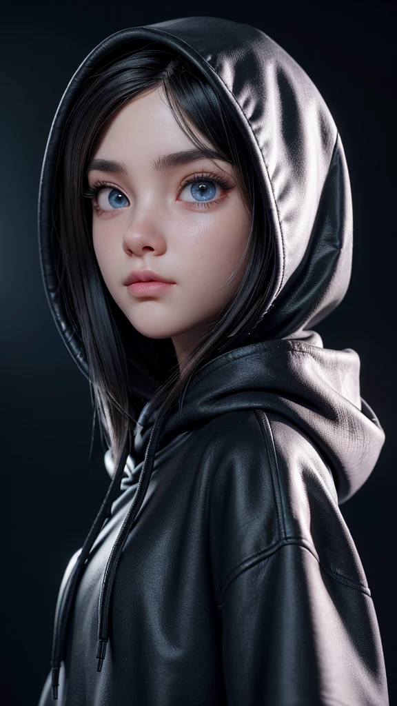 3D girl in a black hoodie with the hood up, with a hacker look gazing forward, dynamic lighting, blurred background, Pixar style, extremely detailed face, beautiful detailed eyes, beautiful detailed lips, long eyelashes, highly detailed, 8k, professional, photo-realistic, intricate, cinematic lighting, dramatic shadows, vibrant colors, cinematic composition