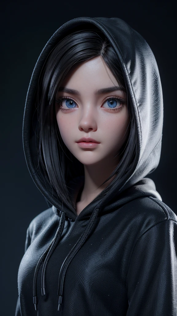 3D girl in a black hoodie with the hood up, with a hacker look gazing forward, dynamic lighting, blurred background, Pixar style, extremely detailed face, beautiful detailed eyes, beautiful detailed lips, long eyelashes, highly detailed, 8k, professional, photo-realistic, intricate, cinematic lighting, dramatic shadows, vibrant colors, cinematic composition