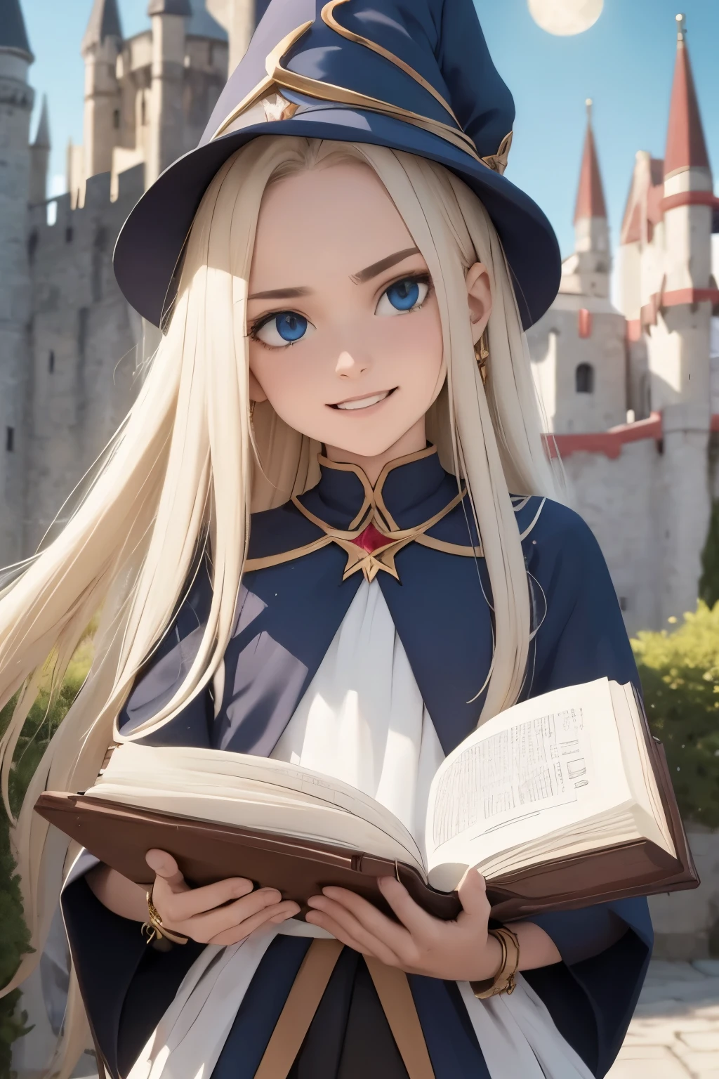 dark magician girl, masterpiece, best quality, (1girl), solo, (water), long hair, blonde hair, blue headwear, wizard hat, spell casting, castle, castle:2, motion blur, book, magic, (moonlight:1.2), chromatic aberration, depth of field, soft lighting, highly detailed face, highly detailed eyes, 