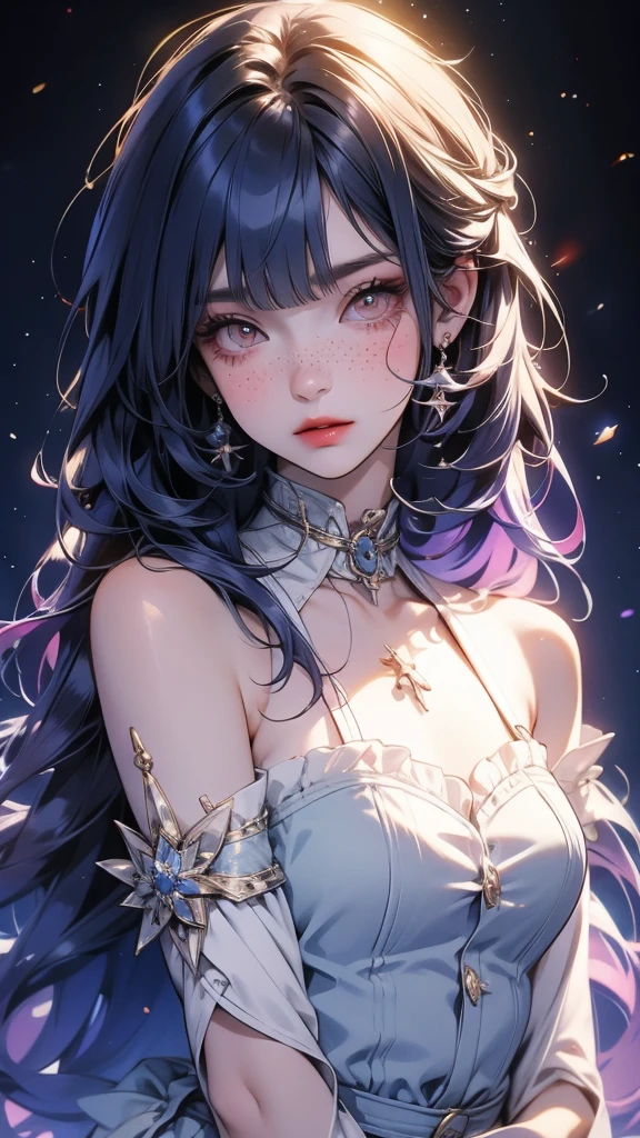 anime girl 20 years old with narrow yellow eyes, a smoll mole under the eye, bruises under the eye, inconspicuous freckles on the nose, straight dark purple-blue hair below the shoulders and oblique long bangs covering the left eye, pale skin, tired look, breasts of the second size, low height, 4k