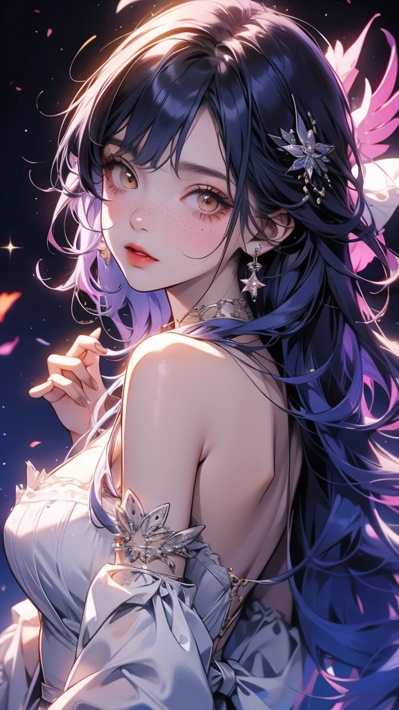 anime girl 20 years old with narrow yellow eyes, a smoll mole under the eye, bruises under the eye, inconspicuous freckles on the nose, straight dark purple-blue hair below the shoulders and oblique long bangs covering the left eye, pale skin, tired look, breasts of the second size, low height, 4k